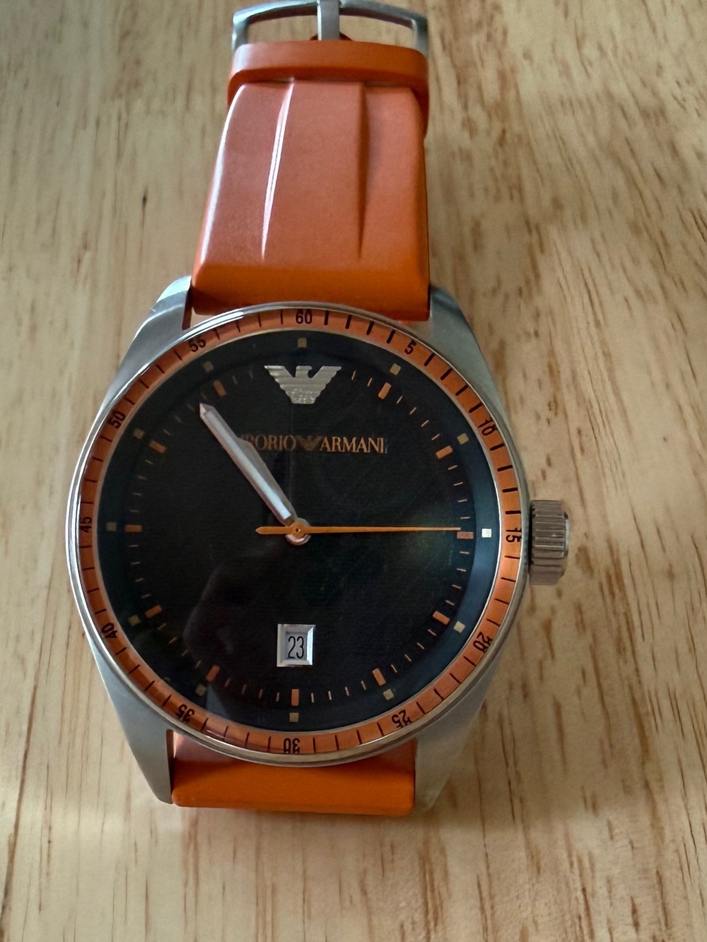 Emporio Armani Black Dial Watch with Orange Strap and Bezel
